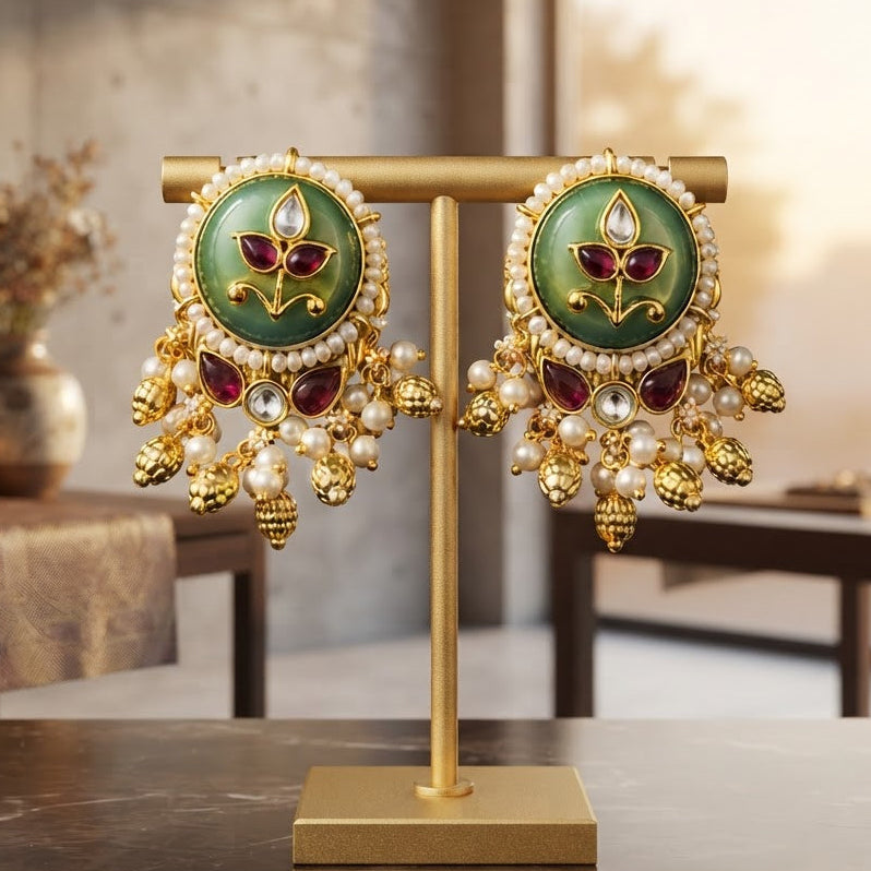 Vasant Mandal — Jade Green Kundan Halo Drop Earrings