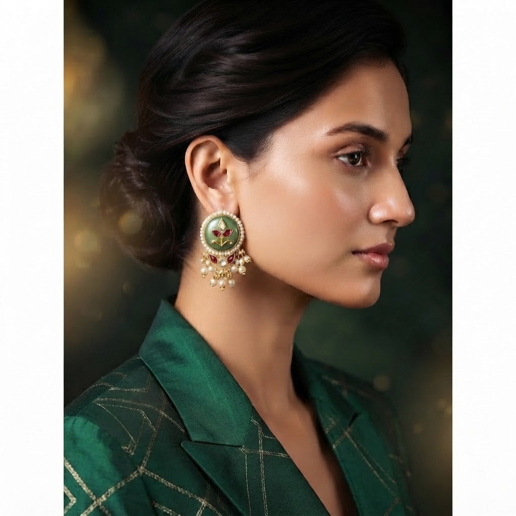 Vasant Mandal — Jade Green Kundan Halo Drop Earrings