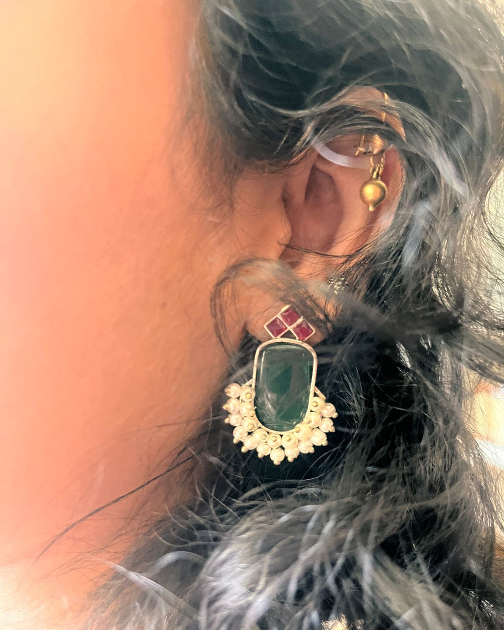Ganga Yamuna – Green & Ruby Drop Stud Earrings