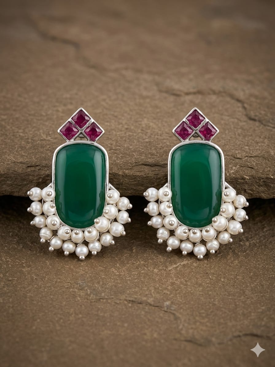 Ganga Yamuna :  Green and Ruby Drop Stud Earrings -