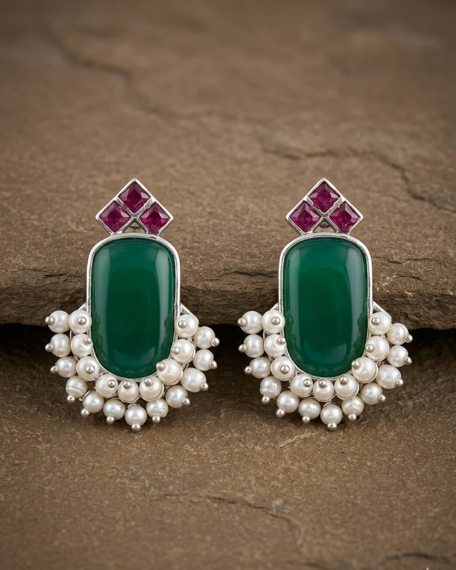 Ganga Yamuna :  Green and Ruby Drop Stud Earrings -
